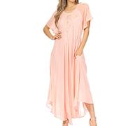 Sakkas 16603 - Egan Long Embroidered Caftan Dress/Cover Up with Embroidered Cap Sleeves - P-Peach - OS