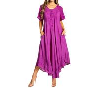 Sakkas 16603 - Egan Long Embroidered Caftan Dress/Cover Up With Embroidered Cap Sleeves - P-Purple - OS