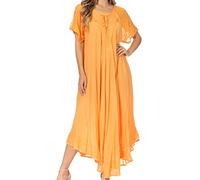 Sakkas 16603 - Egan Long Embroidered Caftan Dress/Cover Up with Embroidered Cap Sleeves - P-Tangerine - OS