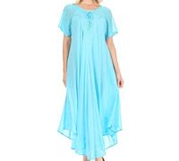 Sakkas 16603 - Egan Long Embroidered Caftan Dress/Cover Up with Embroidered Cap Sleeves - P-Turquoise - OS