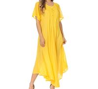 Sakkas 16603 - Egan Long Embroidered Caftan Dress/Cover Up With Embroidered Cap Sleeves - P-Yellow - OS