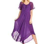 Sakkas 16603 - Egan Long Embroidered Caftan Dress/Cover Up With Embroidered Cap Sleeves - purple - OS