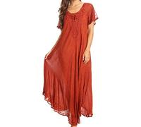 Sakkas 16603 - Egan Long Embroidered Caftan Dress/Cover Up with Embroidered Cap Sleeves - Red - OS