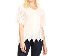 Sakkas 1668 - Emma Womens Stonewashed V Neck Short Sleeve Blouse Top Crochet Button Down - Ivory - M