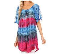 Sakkas 16786 - Monet Long Tall Tie Dye Ombre Embroidered Cap Sleeve Blouse Shirt Top - Blue/Pink - OSP