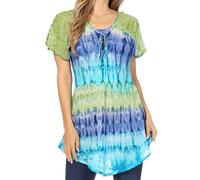 Sakkas 16786 - Monet Long Tall Tie Dye Ombre Embroidered Cap Sleeve Blouse Shirt Top - Green/Blue - OSP