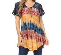 Sakkas 16786 - Monet Long Tall Tie Dye Ombre Embroidered Cap Sleeve Blouse Shirt Top - Grey/Coral - OSP