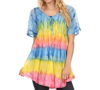 Sakkas 16786 - Monet Long Tall Tie Dye Ombre Embroidered Cap Sleeve Blouse Shirt Top - Turquoise/Yellow - OSP