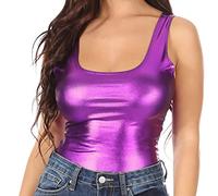 Sakkas 17-1392 - Woemn's Gymnastics Dance Party Metallic Bodysuit Leotard Top Made in USA - Purple - L
