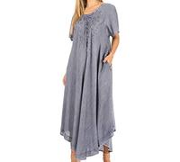 Sakkas 1701 - Lilia Embroidered Lace Up Bodice Relaxed Fit Maxi Sun Dress - A-Blue - OS