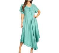 Sakkas 1701 - Lilia Embroidered Lace Up Bodice Relaxed Fit Maxi Sun Dress - A-LtTeal - OS