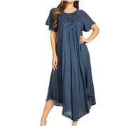 Sakkas 1701 - Lilia Embroidered Lace Up Bodice Relaxed Fit Maxi Sun Dress - A-Midnight Blue - OS