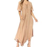 Sakkas 1701 - Lilia Embroidered Lace Up Bodice Relaxed Fit Maxi Sun Dress - A-Oatmeal - OS