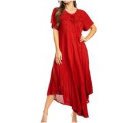 Sakkas 1701 - Lilia Embroidered Lace Up Bodice Relaxed Fit Maxi Sun Dress - A-Red - OS
