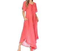 Sakkas 1701 - Lilia Embroidered Lace Up Bodice Relaxed Fit Maxi Sun Dress - A-Salmon - OS