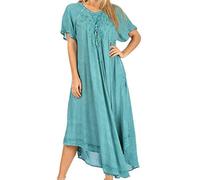 Sakkas 1701 - Lilia Embroidered Lace Up Bodice Relaxed Fit Maxi Sun Dress - A-Teal - OS