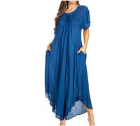 Sakkas 1701 - Lilia Embroidered Lace Up Bodice Relaxed Fit Maxi Sun Dress - Blue - OS