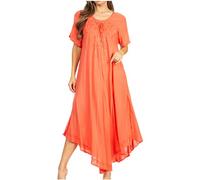 Sakkas 1701 - Lilia Embroidered Lace Up Bodice Relaxed Fit Maxi Sun Dress - Coral - OS