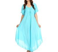 Sakkas 1701 - Lilia Embroidered Lace Up Bodice Relaxed Fit Maxi Sun Dress - Turq - OS