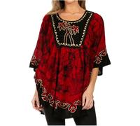 Sakkas 17030 - Lynda Two Tone Batik Embroidered Palm Tree Peasant Top/Poncho - Black/Red - OS