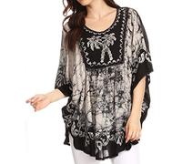 Sakkas 17030 - Lynda Two Tone Batik Embroidered Palm Tree Peasant Top/Poncho - Black/White - OS