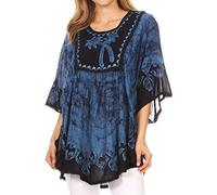 Sakkas 17030 - Lynda Two Tone Batik Embroidered Palm Tree Peasant Top/Poncho - Blue - OS