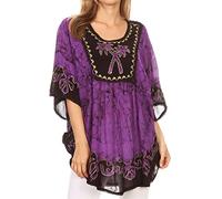 Sakkas 17030 - Lynda Two Tone Batik Embroidered Palm Tree Peasant Top/Poncho - Eggplant - OS