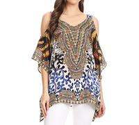 Sakkas 17259 - Saanvi Printed Draped Short Sleeve Strap Cutout Shoulder V-Neck Kaftan Top - OW15-White - 1X/2X
