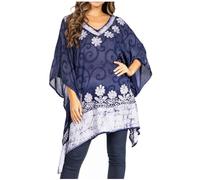 Sakkas 1745 - Adalwin Desert Sun Lightweight Circle Ponch Tunic Top Blouse W/Embroidery - 35-NavyWhite - OS