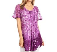 Sakkas 17781 - Mira Tie Dye Two Tone Sheer Cap Sleeve Relaxed Fit Embellished Tunic Top - 2-Purple - OS