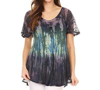 Sakkas 17875 - Nayen Tie-Dye Sheer Cap Sleeve Embellished Relaxed Fit Drawstring Tunic Top - Navy - OS