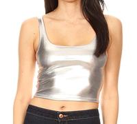 Sakkas 18-1507 - Women's Stretchy Sleeveless Liquid Metallic Club Crop Tank Top Made in USA - Silver - 2X