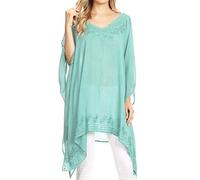 Sakkas 1801 - Regina Women's Lightweight Stonewashed Poncho Top Blouse Caftan Cover up - Aqua - OS
