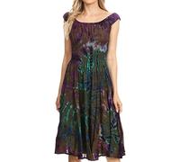 Sakkas 181476 - Alba Women's Off The Shoulder Smock Ruffle Midi Dress Tie Dye & Embroidery - Olive - OS