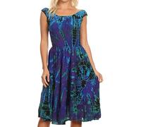 Sakkas 181476 - Alba Women's Off The Shoulder Smock Ruffle Midi Dress Tie Dye & Embroidery - Purple/Turquoise - OS