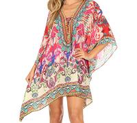 Sakkas 1825 - Aymee Women's Caftan Poncho Cover up V Neck Top Lace up with Rhinestone - IM101-Multi - OS