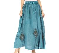 Sakkas 1828 - Zarah Women's Boho Embroidery Gypsy Skirt with Lace Elastic Waist Pockets - Turquoise - OS