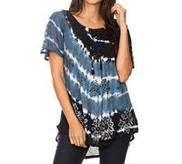 Sakkas 19213 - Aline Women's Short Sleeve Casual Light Loose Scoop Neck Top Blouse Shirt - 19210-GreyNavy - OS