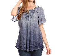 Sakkas 19215 - Donna Women's Casual Lace Short Sleeve Tie Dye Corset Loose Top Blouse - 19200-Navy - OS
