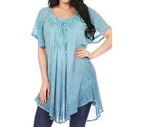 Sakkas 19215 - Donna Women's Casual Lace Short Sleeve Tie Dye Corset Loose Top Blouse - 19200-Teal - OSP