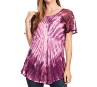Sakkas 19215 - Donna Women's Casual Lace Short Sleeve Tie Dye Corset Loose Top Blouse - Plum - OS