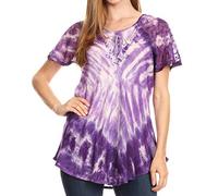 Sakkas 19215 - Donna Women's Casual Lace Short Sleeve Tie Dye Corset Loose Top Blouse - Purple - OS
