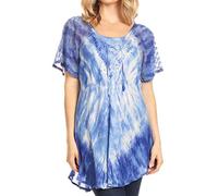 Sakkas 19215 - Donna Women's Casual Lace Short Sleeve Tie Dye Corset Loose Top Blouse - Royal Blue - OS