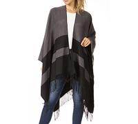 Sakkas 1927 - Avi Women's Reversible Open Front Poncho Cardigan Ruana Cape Shawl W/Fringe - Border Black - OS