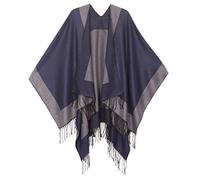 Sakkas 1927 - Avi Women's Reversible Open Front Poncho Cardigan Ruana Cape Shawl W/Fringe - Border Blue - OS