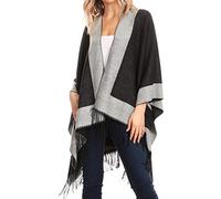 Sakkas 1927 - Avi Women's Reversible Open Front Poncho Cardigan Ruana Cape Shawl W/Fringe - Border Charcoal - OS