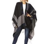 Sakkas 1927 - Avi Women's Reversible Open Front Poncho Cardigan Ruana Cape Shawl W/Fringe - ColorBlockBlack - OS