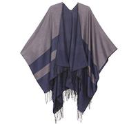 Sakkas 1927 - Avi Women's Reversible Open Front Poncho Cardigan Ruana Cape Shawl W/Fringe - ColorBlockGray - OS
