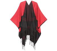 Sakkas 1927 - Avi Women's Reversible Open Front Poncho Cardigan Ruana Cape Shawl W/Fringe - ColorBlockRed - OS