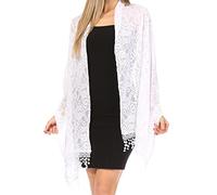 Sakkas 1929 - Mari Women's Large Lightweight Soft Lace Scarf Wrap Shawl Floral and Fringe - Style10-White - OS